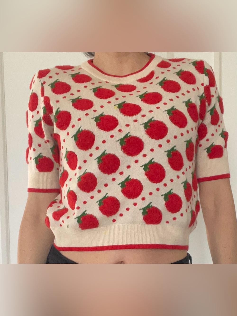 Cream & Red Strawberry Pattern Short-Sleeve Sweater